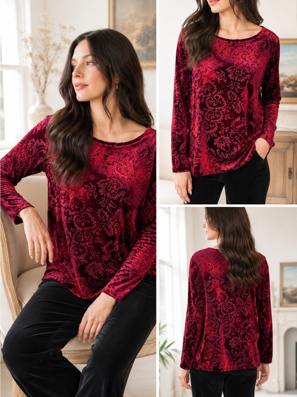 Coldwater Creek Velvet Burnout Floral Damask Top Burgundy Red Orange Whimsigoth